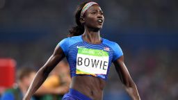 Tori Bowie crosses the finish line to win the Women's 4 x 100m Relay Final on Day 14 of the Rio 2016 Olympic Games on August 19, 2016.