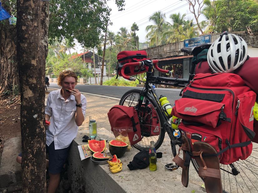 <strong>Cycling adventure:</strong> Swanson, pictured in Kerala, India last March, set off on his dream cycling tour just two months after graduating from high school.