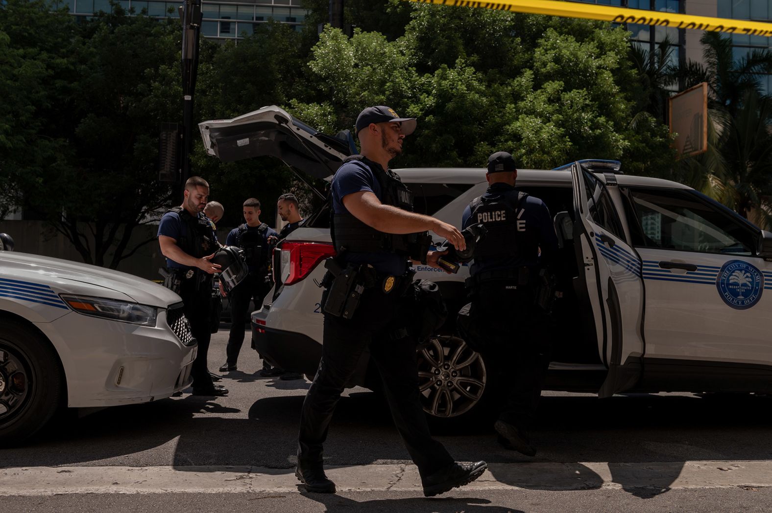 Police officers work outside the courthouse on June 13.