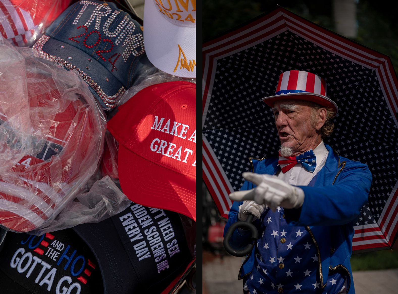 Pro-Trump and anti-Joe Biden hats are sold outside the courthouse on June 13. A Trump supporter nearby was dressed as Uncle Sam.
