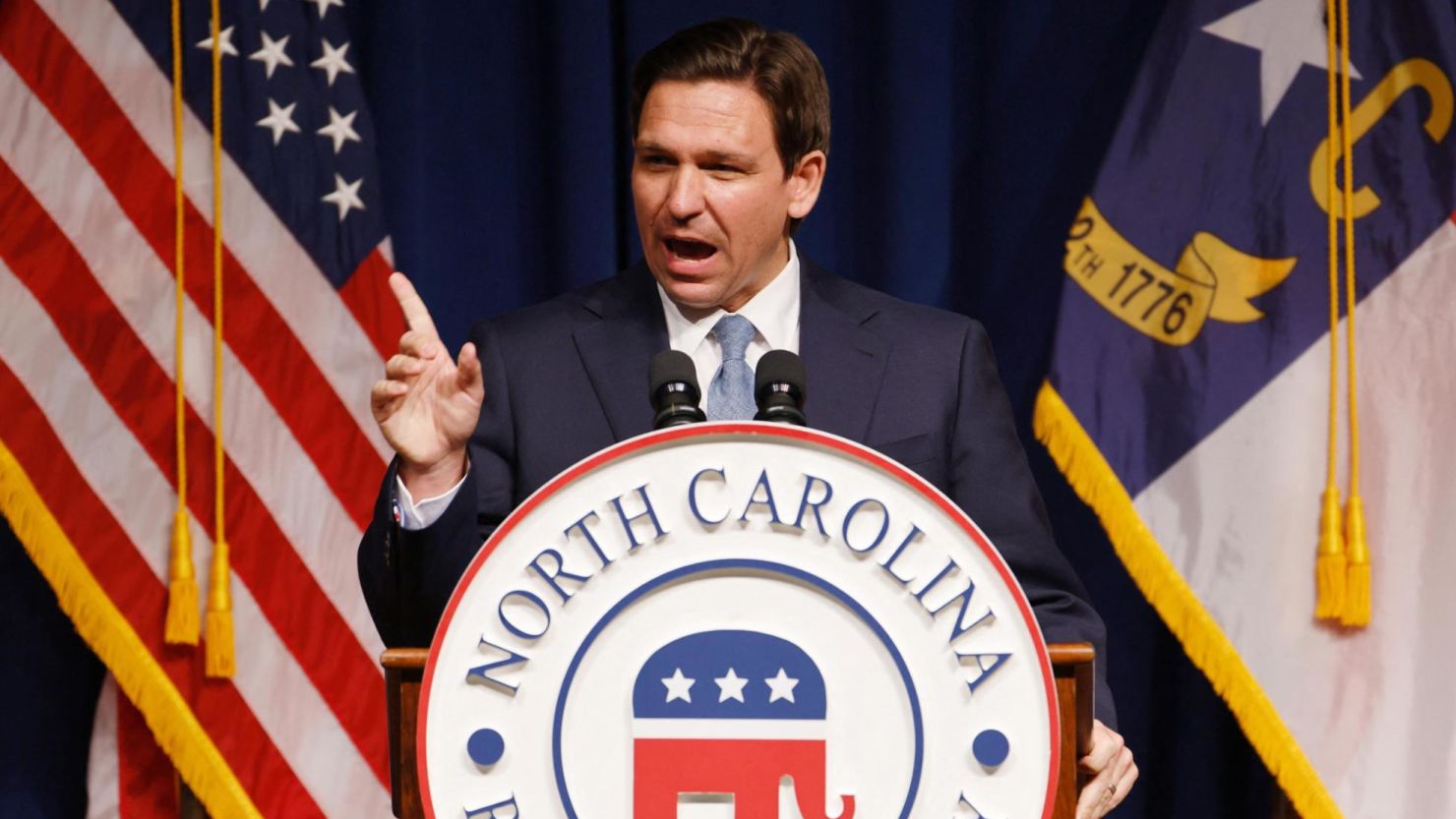 Florida governor and Republican presidential candidate Ron DeSantis speaks at the North Carolina Republican Party convention in Greensboro, North Carolina, on June 9, 2023.  