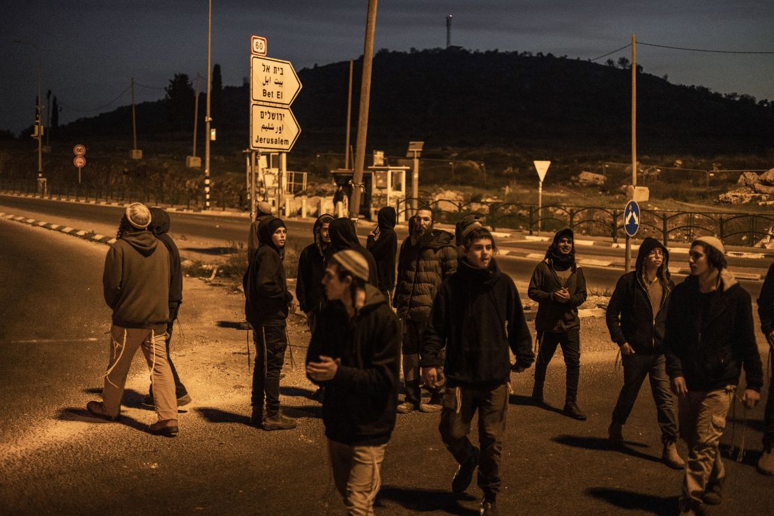 Settlers try to block Tapuach junction on Route 60, the main north-south road in the West Bank that runs through Huwara.