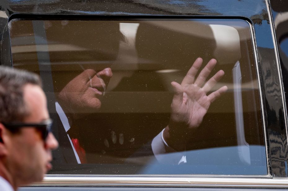 Trump waves to supporters as his motorcade leaves a federal courthouse in Miami in June 2023. Special counsel Jack Smith brought charges against Trump in a case <a href="https://www.cnn.com/2023/06/08/politics/trump-indictment-truth-social-classified-documents/index.html" target="_blank">alleging mishandling of classified documents</a>. Trump pleaded not guilty.
