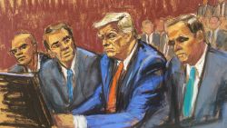 Former U.S. President Trump appears on classified document charges after a federal indictment at Wilkie D. Ferguson Jr. United States Courthouse, alongside his aide Walt Nauta and attorneys Chris Kise and Todd Blanche in Miami, Florida, U.S., June 13, 2023 in a courtroom sketch.   REUTERS/Jane Rosenberg