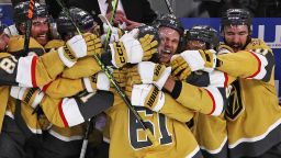 LAS VEGAS, NEVADA - JUNE 13: Mark Stone #61 of the Vegas Golden Knights celebrates after scoring an empty-net hat trick goal against the Florida Panthers during the third period in Game Five of the 2023 NHL Stanley Cup Final at T-Mobile Arena on June 13, 2023 in Las Vegas, Nevada. (Photo by Ethan Miller/Getty Images)