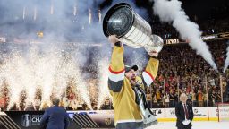 LAS VEGAS, NEVADA - JUNE 13: Mark Stone #61 of the Vegas Golden Knights hoists the Stanley Cup after defeating the Florida Panthers to win the championship in Game Five of the 2023 NHL Stanley Cup Final at T-Mobile Arena on June 13, 2023 in Las Vegas, Nevada. (Photo by Bruce Bennett/Getty Images)