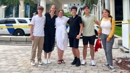 Lucas Hudson, CNN's Hannah Rabinowitz, CNN's Tierney Sneed, Lucas Anson, Sebastian Soto and Janah Issa pose for a photo outside of a federal courthouse in Miami on June 13.