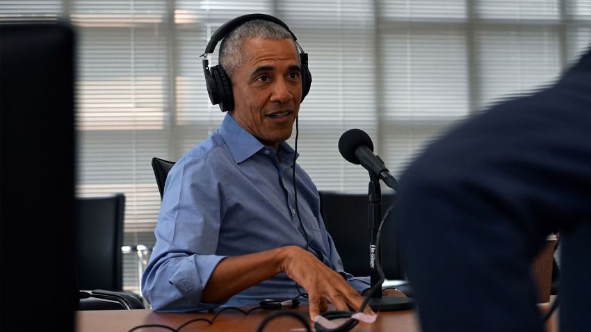 Former President Barack Obama records a podcast with David Axelrod on Thursday, June 8, 2023, in Washington, DC.