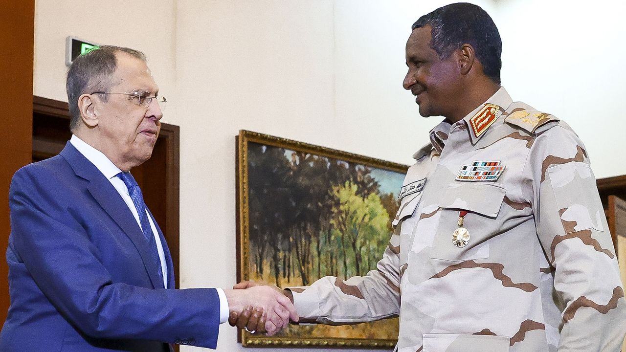 Russian Foreign Minister Sergey Lavrov, left, and General Mohamed Hamdan Dagalo (Hemedti) hold a meeting in Khartoum, Sudan, on Feb. 9, 2023, two months before the conflict broke out.