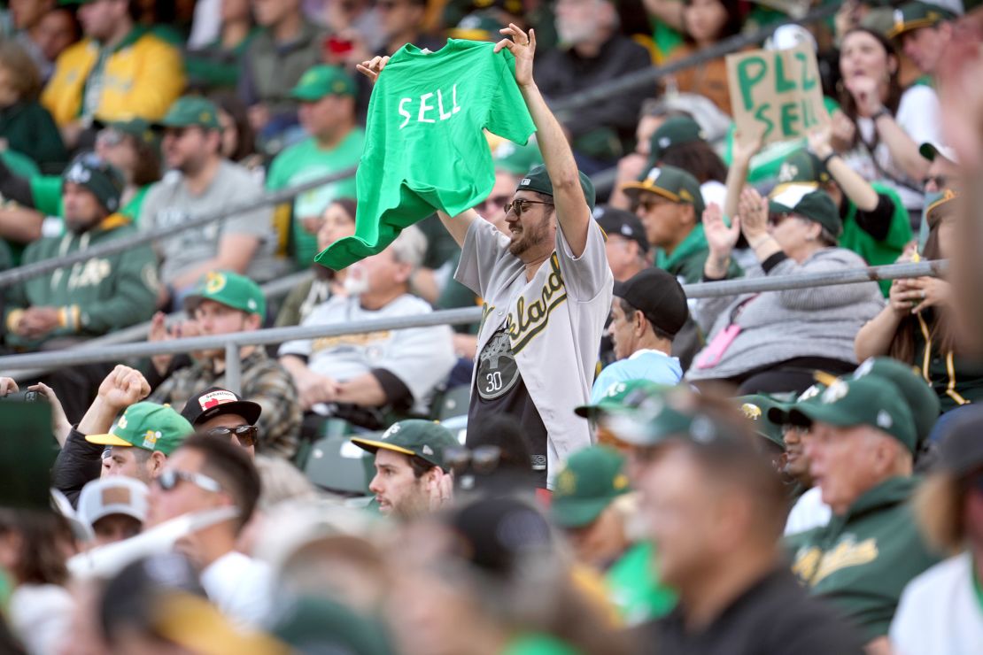 OAKLAND, CALIFORNIA - JUNE 13: Oakland Athletics fans display signs during a reverse boycott game against the Tampa Bay Rays at RingCentral Coliseum on June 13, 2023 in Oakland, California. (Photo by Brandon Vallance/Getty Images)