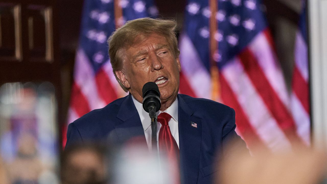 Former US President Donald Trump speaks at the Trump National Golf Club in Bedminster, New Jersey, on Tuesday, June 13, 2023. 