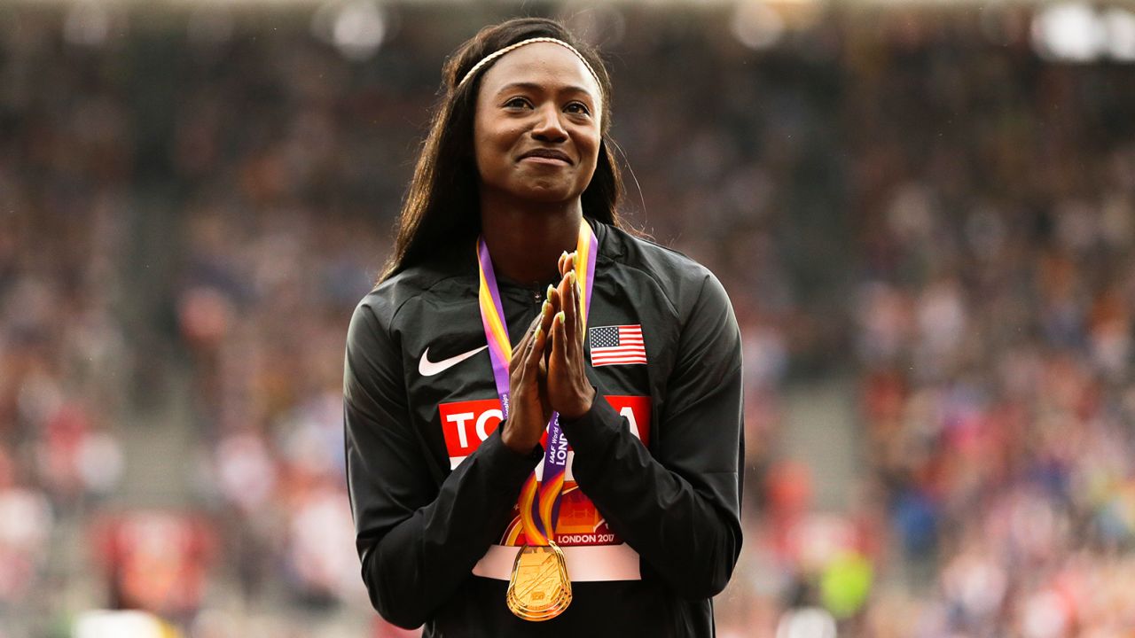 FILE - United States' Tori Bowie gestures after receiving the gold medal she won in the women's 100m final during the World Athletics Championships in London, Monday, Aug. 7, 2017. U.S. Olympic champion sprinter Tori Bowie died from complications of childbirth, according to an autopsy report. Bowie, who won three medals at the 2016 Rio de Janeiro Games, was found dead last month. She was 32. (AP Photo/Alastair Grant, File)