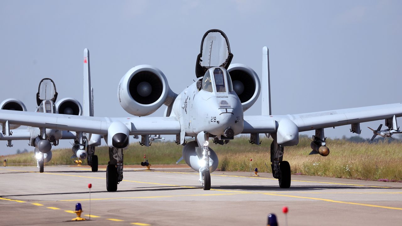 Two US Air Force A10 fighter jets taxi onto the runway ahead of Air Defender 2023.
