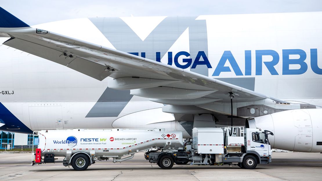 10 May 2022, Bremen: At Bremen Airport, an Airbus wide-body transport aircraft of the type Beluga XL is filled with the sustainable fuel "Sustainable Aviation Fuel" (SAF) for the first time. The "green kerosene" will be available to all airlines at the airport in the future. SAF is produced mainly from used cooking oils and old industrial waste greases. Photo: Sina Schuldt/dpa (Photo by Sina Schuldt/picture alliance via Getty Images)