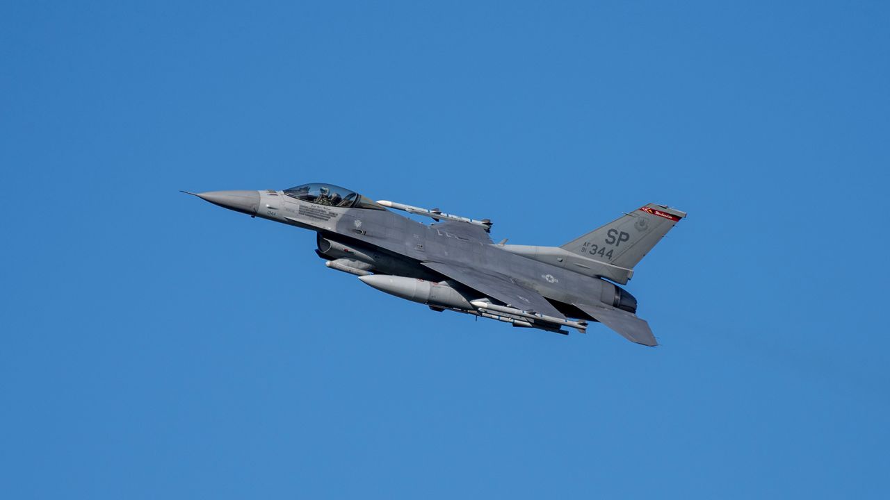 A US F-35 fighter jet flies over the Eifel Mountains near Spangdahlem, Germany, in February 2022. Similar planes are taking part in Air Defender 2023. 