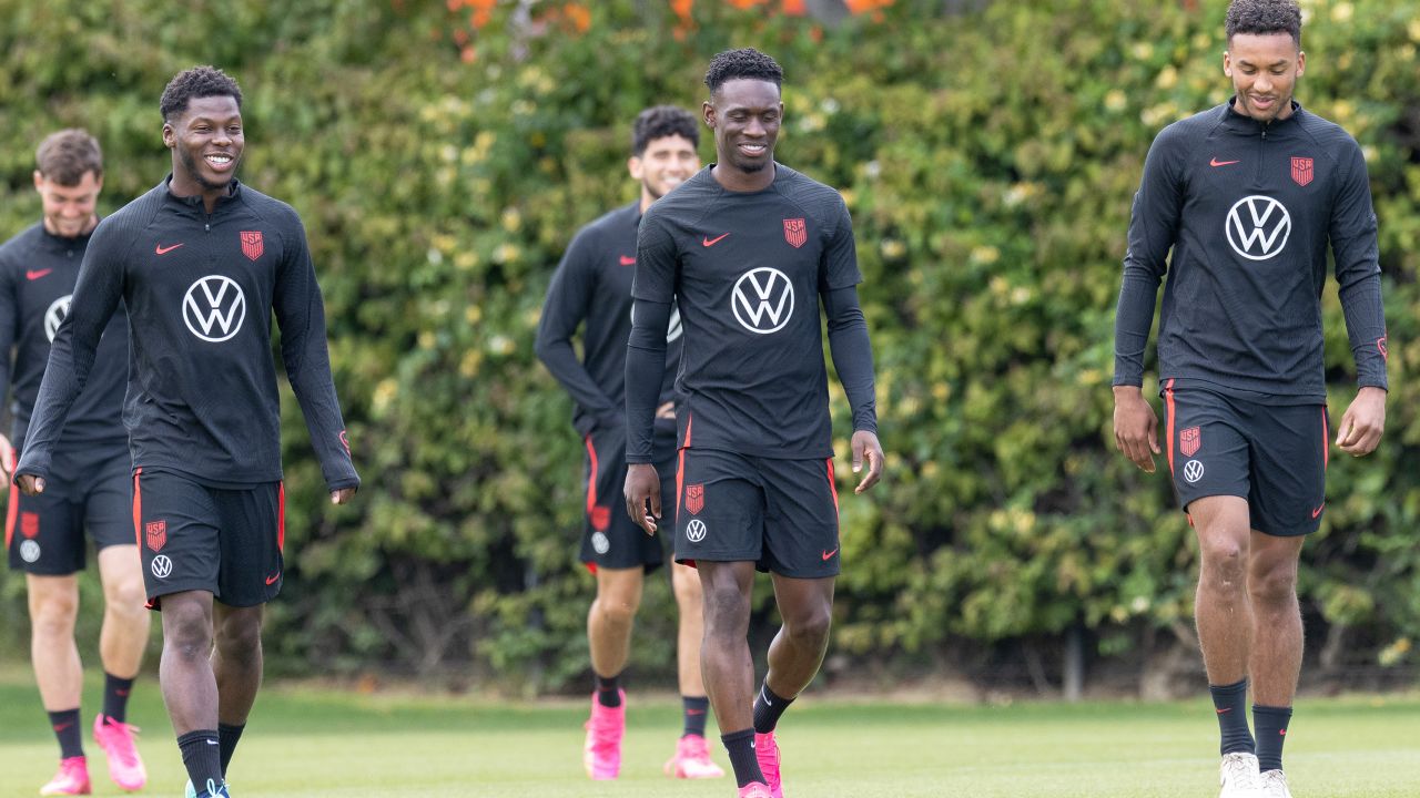 CARSON, CA - JUNE 8: Yunus Musah, Folarin Balogun, Auston Trusty of USA during USMNT practice at Dignity Health Sports Park on June 8, 2023 in Carson, California.  (Photo by John Dorton/USSF/Getty Images for USSF).