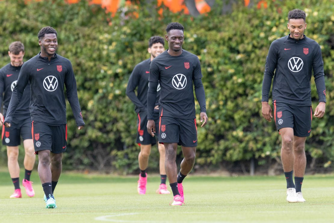 CARSON, CA - JUNE 8: Yunus Musah, Folarin Balogun, Auston Trusty of the United States  during USMNT Training at Dignity Health Sports Park on June 8, 2023 in Carson, California. (Photo by John Dorton/USSF/Getty Images for USSF).