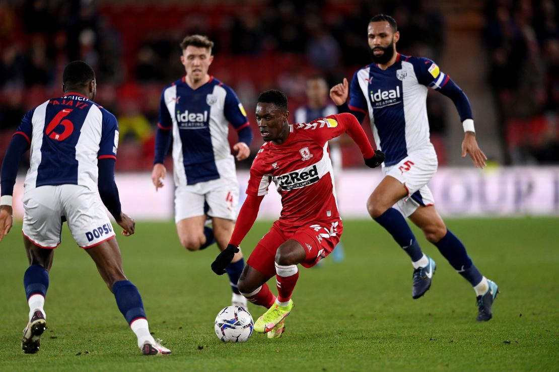 MIDDLESBROUGH, ENGLAND - FEBRUARY 22: Folarin Balogun of Middlesbrough challenged by Semi Ajayi of West Bromwich Albion during the Sky Bet Championship match between Middlesbrough and West Bromwich Albion at Riverside Stadium on February 22, 2022 in Middlesbrough, England. (Photo by Stu Forster/Getty Images)