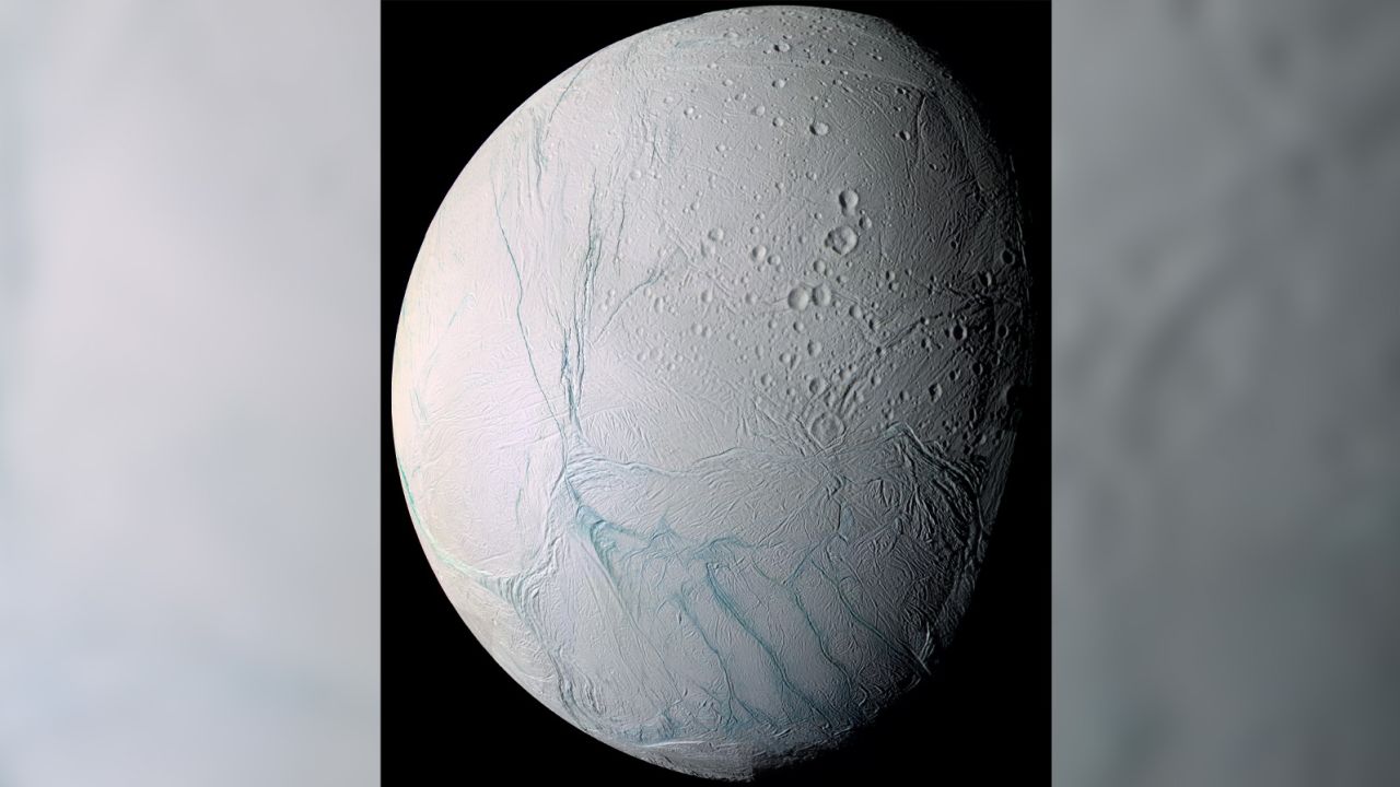 As it swooped past the south pole of Saturn's moon Enceladus on July 14, 2005, Cassini acquired high resolution views of this puzzling ice world. From afar, Enceladus exhibits a bizarre mixture of softened craters and complex, fractured terrains.