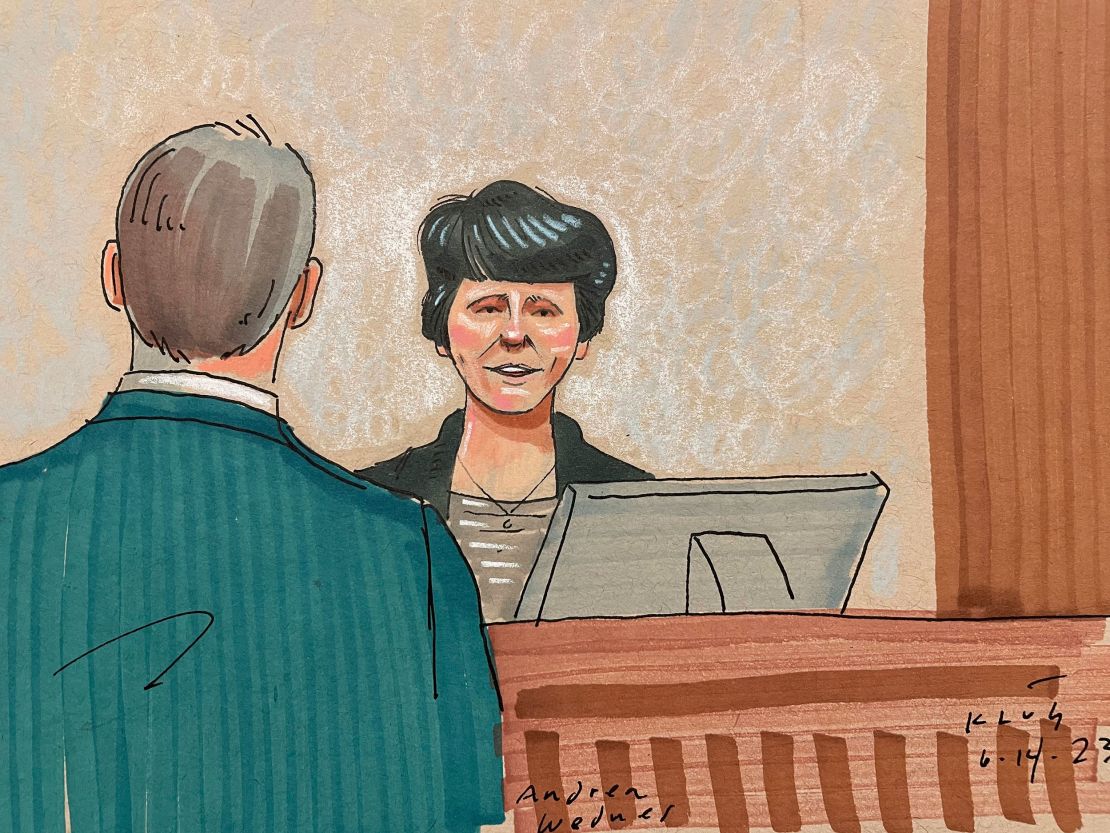 In this courtroom sketch, shooting survivor Andrea Wedner testifies Wednesday in the federal death penalty trial of Robert Bowers. 