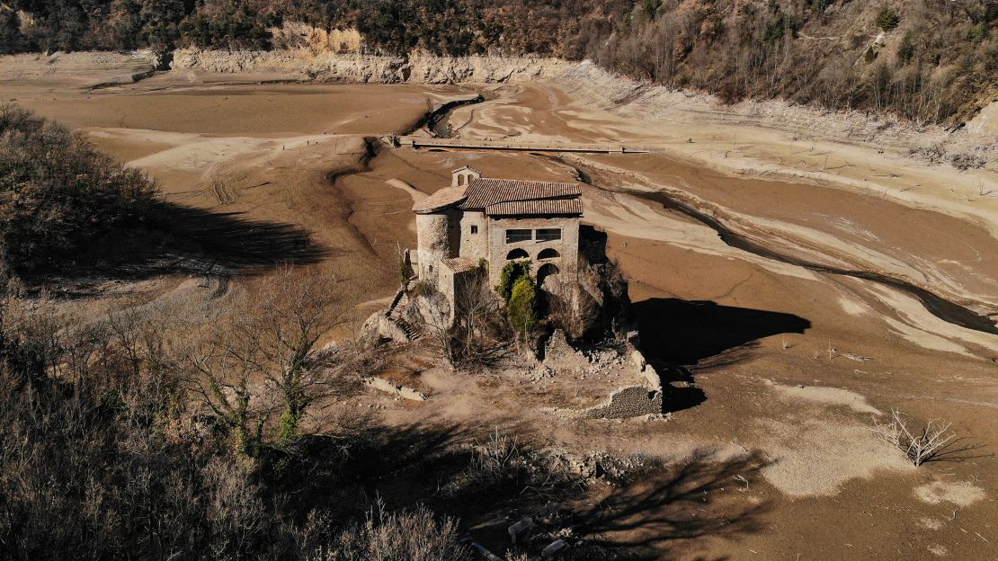 The monastery of San Salvador de la Vedella, accessible by foot due to the low water levels in Cercs, Catalonia, in Spain on February 10, 2022.