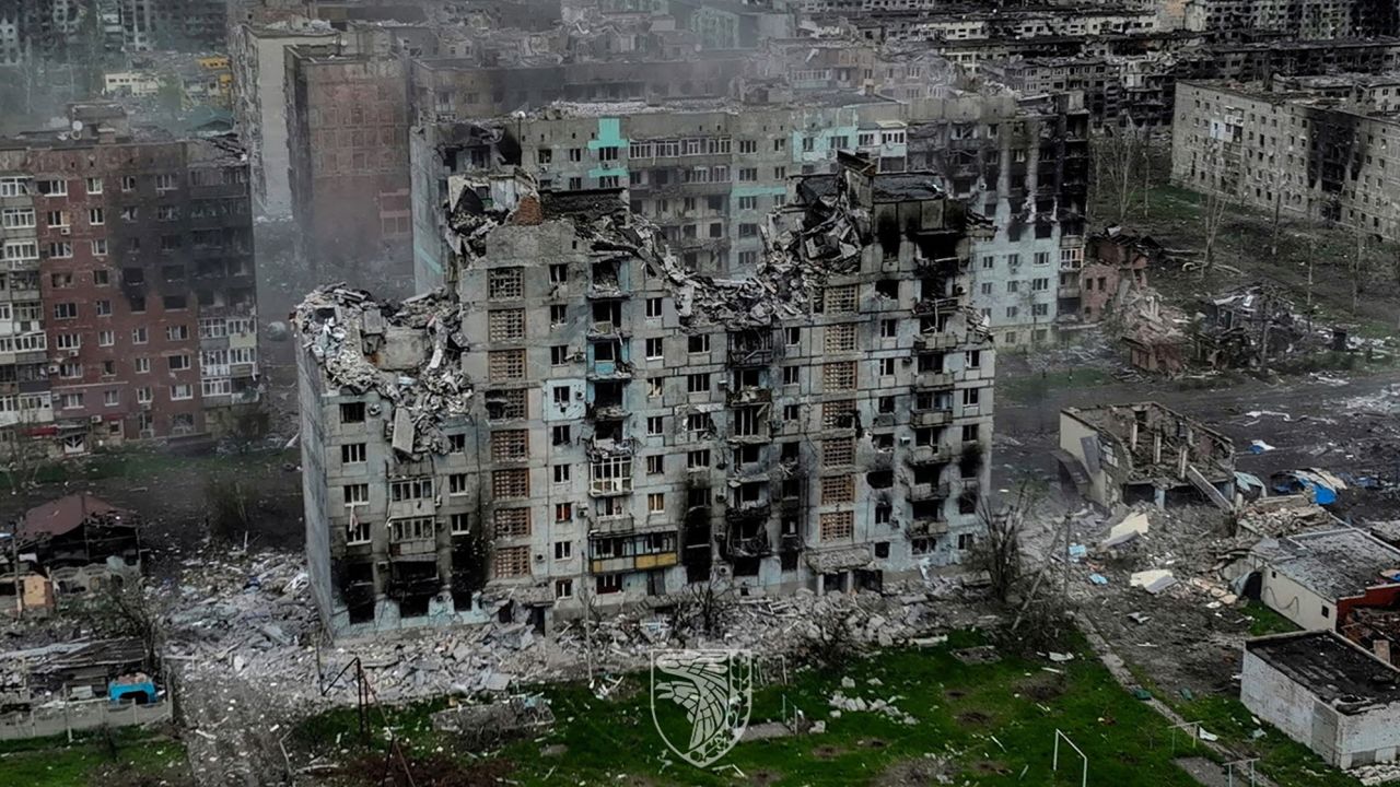An aerial view shows destruction in the frontline city of Bakhmut, amid Russia's attack on Ukraine, in a handout picture released on May 21, 2023.