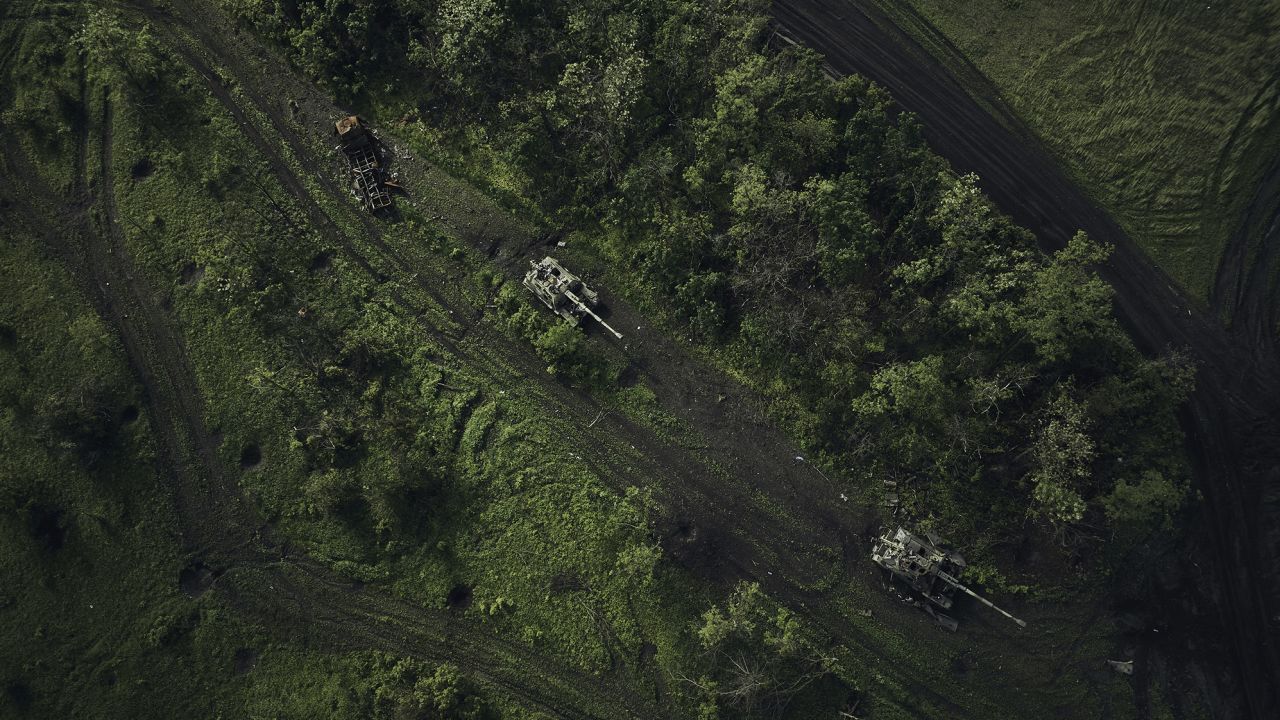 An aerial view of a battle field with damaged Russian tanks near Bakhmut in the Donetsk region, Ukraine, Saturday, May 27, 2023.