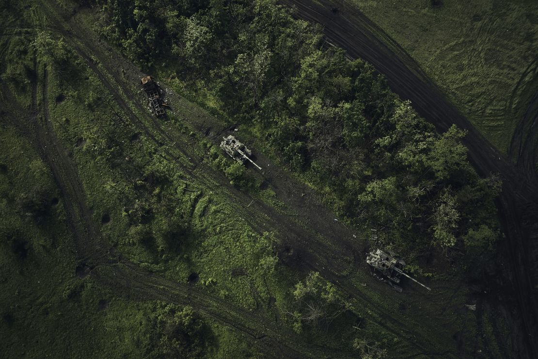 An aerial view of a battle field with damaged Russian tanks near Bakhmut in the Donetsk region, Ukraine, Saturday, May 27, 2023.