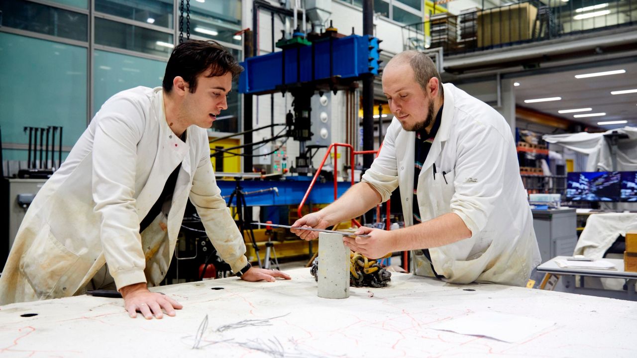 Barney Shanks (left) and Sam Draper have been developing a method to produce carbon-neutral concrete, at Imperial College London.