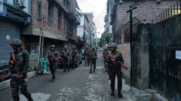 Indian army soldiers patrol during a security operation in hill and valley areas in the northeastern state of Manipur, India, June 7, 2023. 