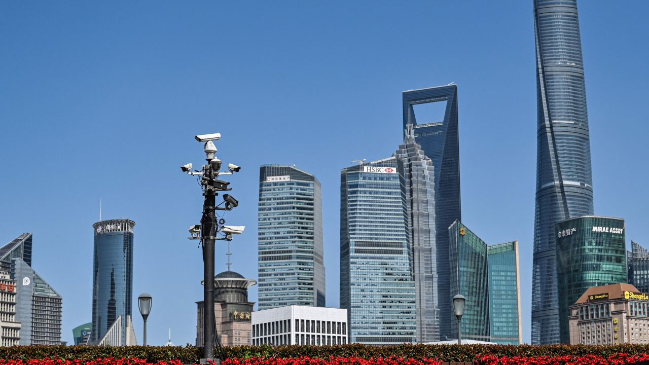 A tower of security cameras near Shanghai's Lujiazui financial district in May. 