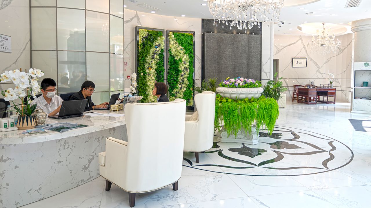 The entrance of Shan Sum, a private columbarium tower in the Kwai Chung district of Hong Kong on June 2.