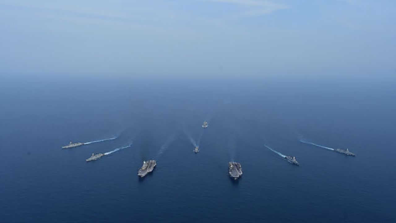 The Indian aircraft carriers INS Vikramaditya and INS Vikrant lead combined operations in the Arabian Sea.