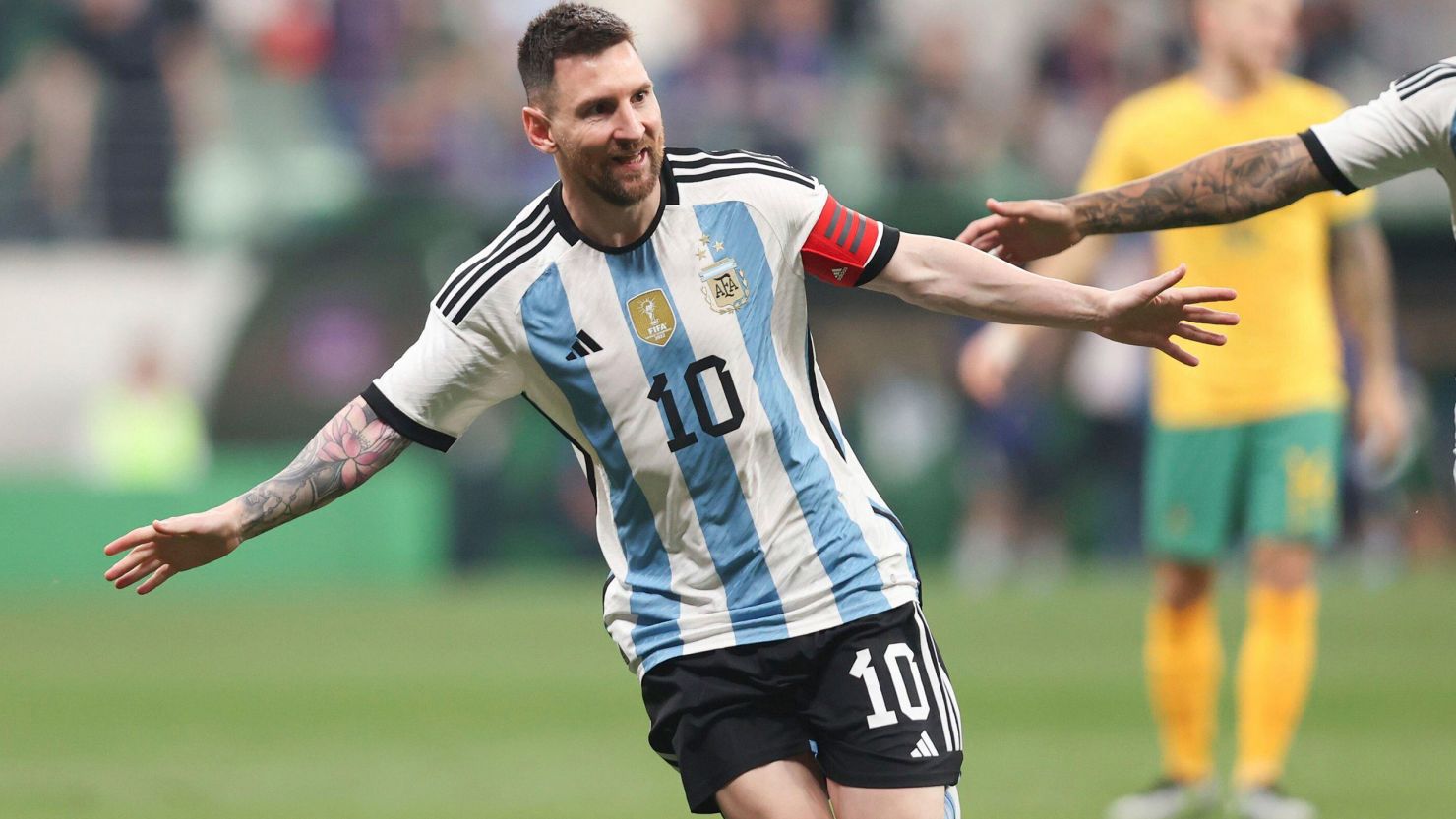 Beijing, China. 15th June, 2023. Lionel Messi of Argentina celebrates his goal during an international football invitational between Argentina and Australia in Beijing, capital of China, June 15, 2023.