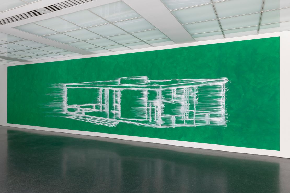 Simmons recreated this monumental painting of Philip Johnson's Glass House for the MCA Chicago's show, depicting a cornerstone of architecture with a dark history.
