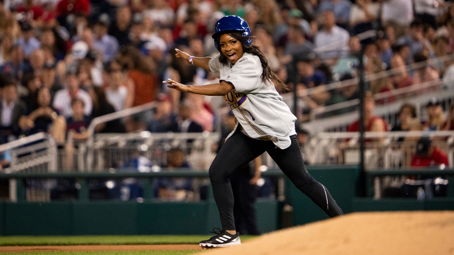Rep. Jasmine Crockett, D-Texas, attempts to steal second base during Congressional Baseball Game at National Park in Washington on Wednesday, June 14, 2023. 