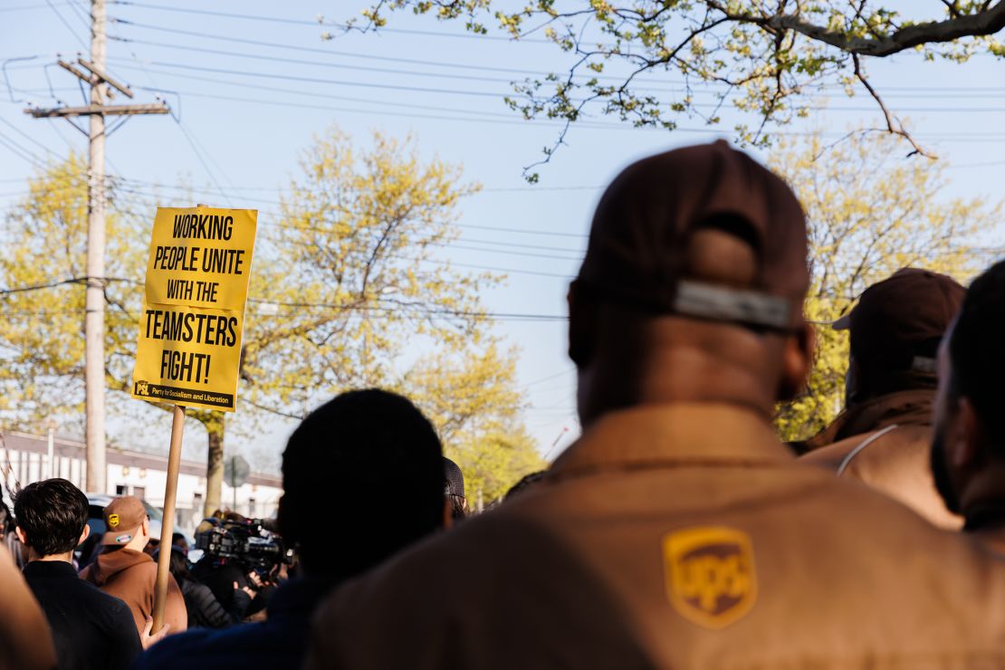 UPS workers and Teamsters members during a rally outside a UPS hub in the Brooklyn borough of New York, US, on Friday, April 21, 2023.