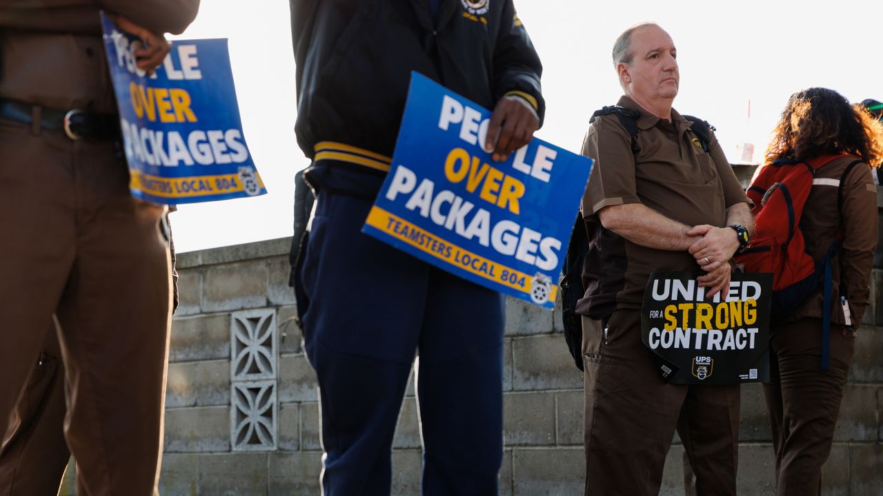 UPS workers and Teamsters members during a rally outside a UPS hub in the Brooklyn borough of New York, US, on Friday, April 21, 2023. 