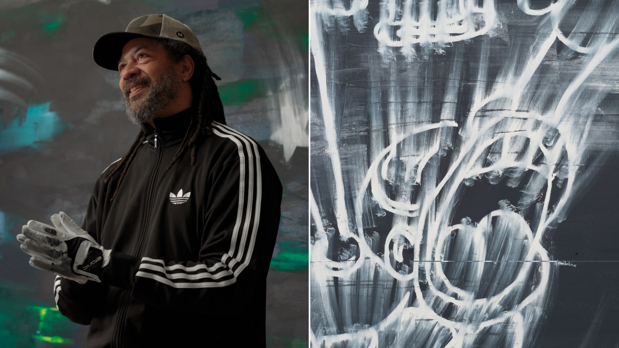The artist Gary Simmons (left) with a detail from “Hold Up Wait A Minute, 2020” (right).