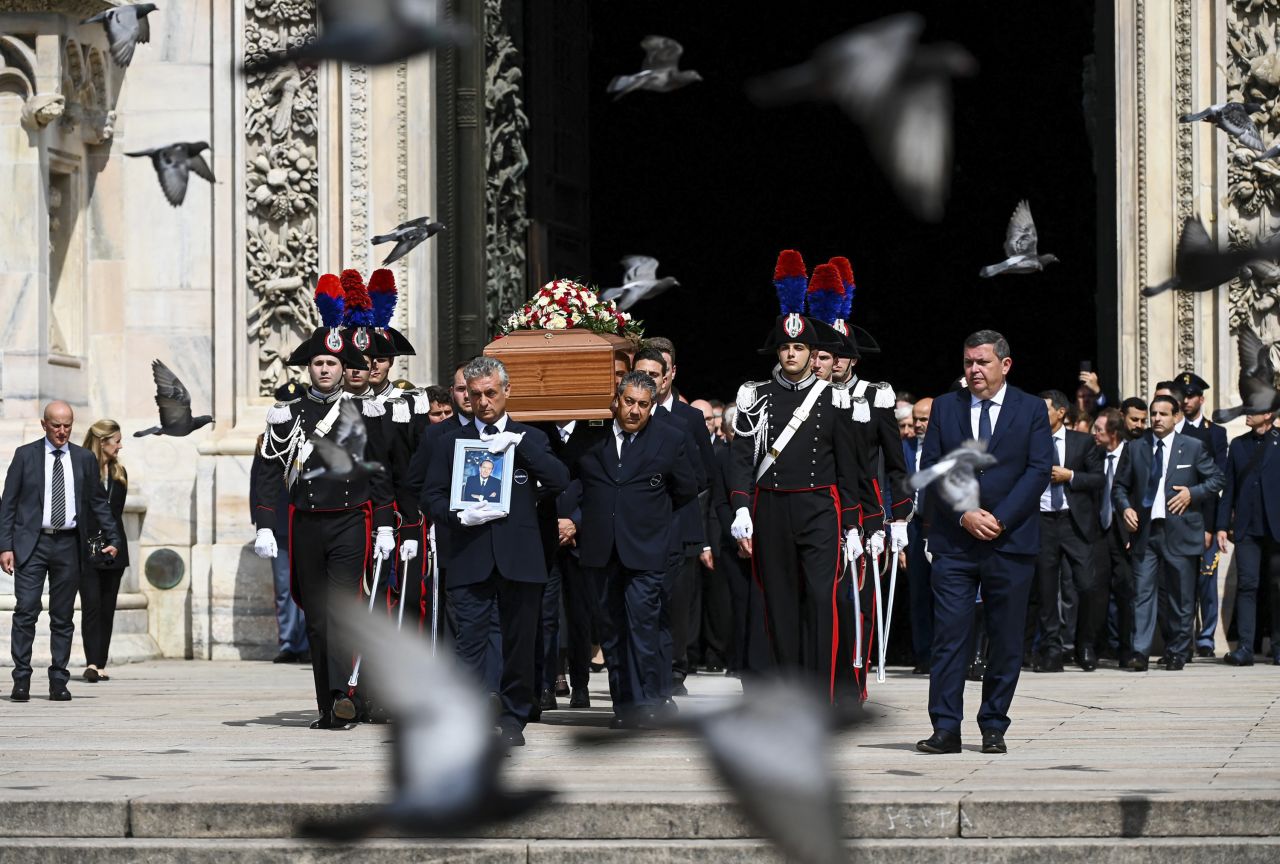 Pallbearers carry the coffin of former Italian Prime Minister <a href="http://www.cnn.com/2023/06/12/europe/gallery/silvio-berlusconi/index.html" target="_blank">Silvio Berlusconi</a> outside the Duomo cathedral in Milan, Italy, on Wednesday, June 14. Berlusconi, a flamboyant billionaire long regarded as Italy's most colorful public figure, <a href="https://www.cnn.com/2023/06/12/europe/silvio-berlusconi-italy-death-obituary-intl/index.html" target="_blank">died Monday</a> at the age of 86.