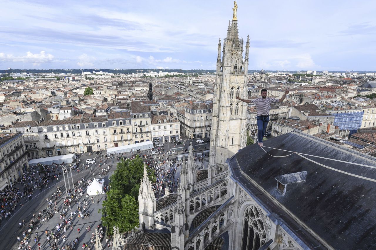 Tightrope walker Nathan Paulin balances on a wire in Bordeaux, France, on Friday, June 9.