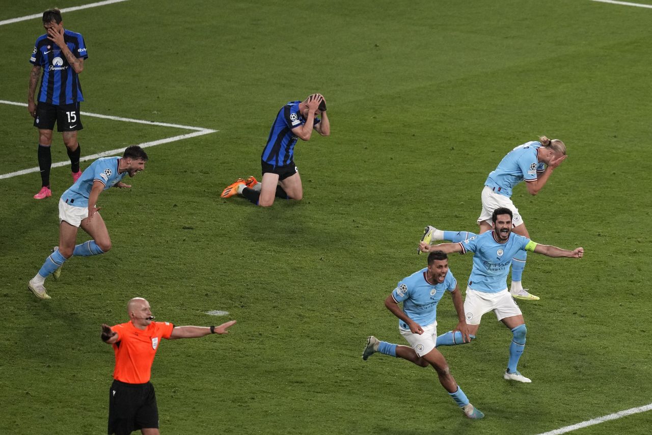 Manchester City players celebrate after <a href="https://www.cnn.com/2023/06/10/sport/manchester-city-wins-champions-league-for-first-time-beating-inter-milan-1-0-in-tense-istanbul-final/index.html" target="_blank">winning the Champions League final </a>over Inter Milan on Saturday, June 10.  
