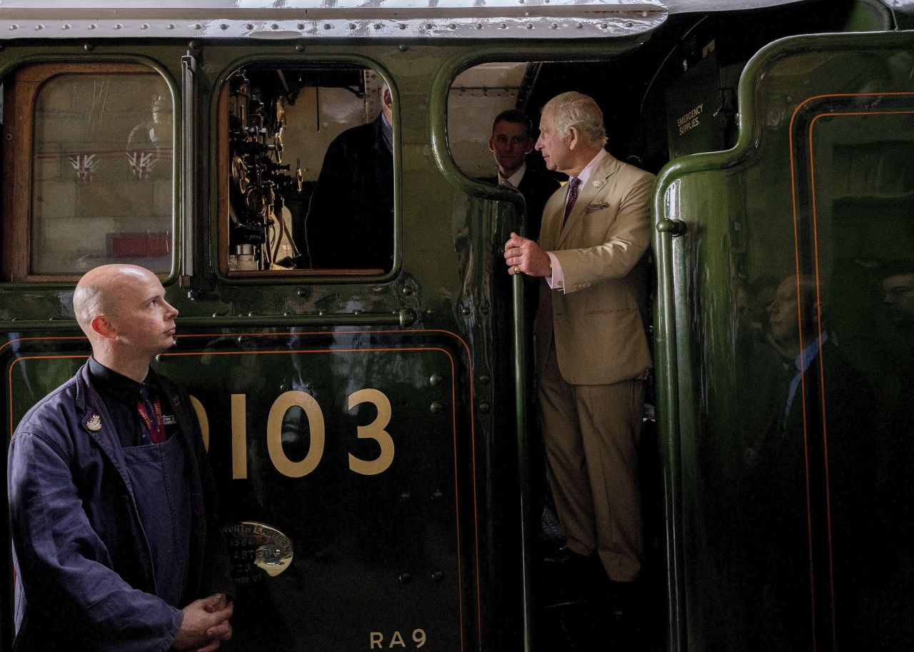 Britain's King Charles III attends an event in Pickering, England, to celebrate the 100th anniversary of the Flying Scotsman locomotive on Monday, June 12.