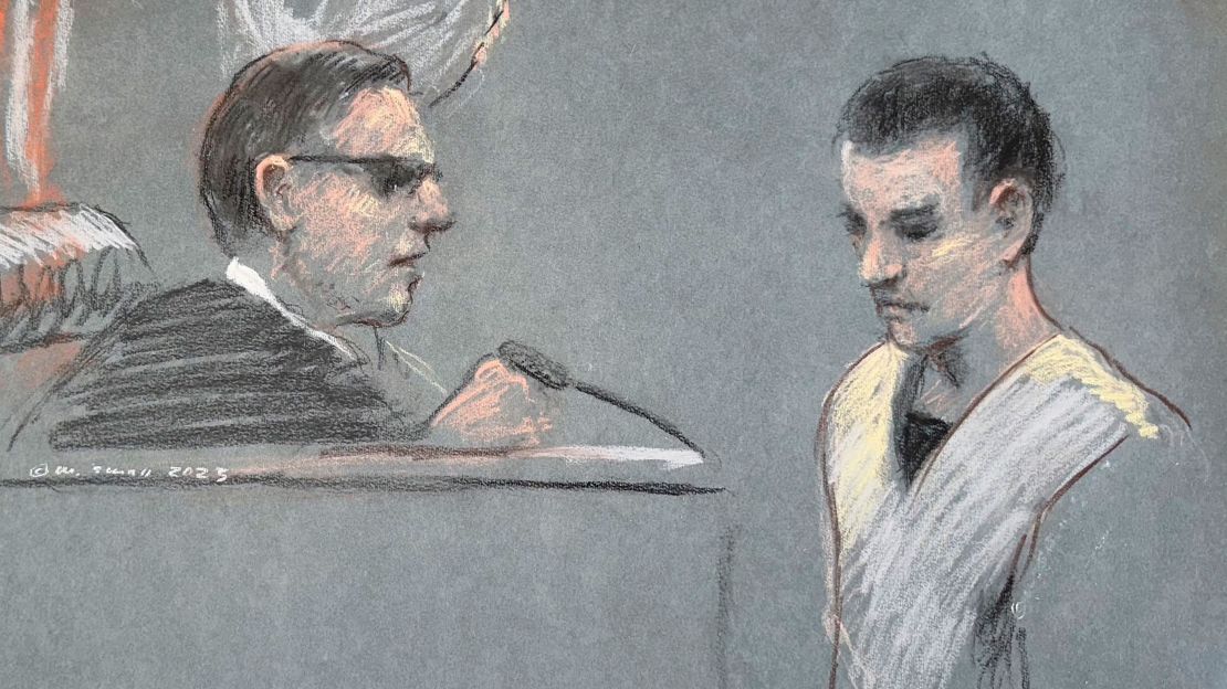 This artist depiction shows Massachusetts Air National Guardsman Jack Teixeira, right, appearing in U.S. District Court in Boston, April 14, 2023.