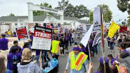 Janitors from SEIU United Service Workers West and Writer's Guild of America strikers join together at The Culver Studios picket in Culver City, California on June 15, 2023.