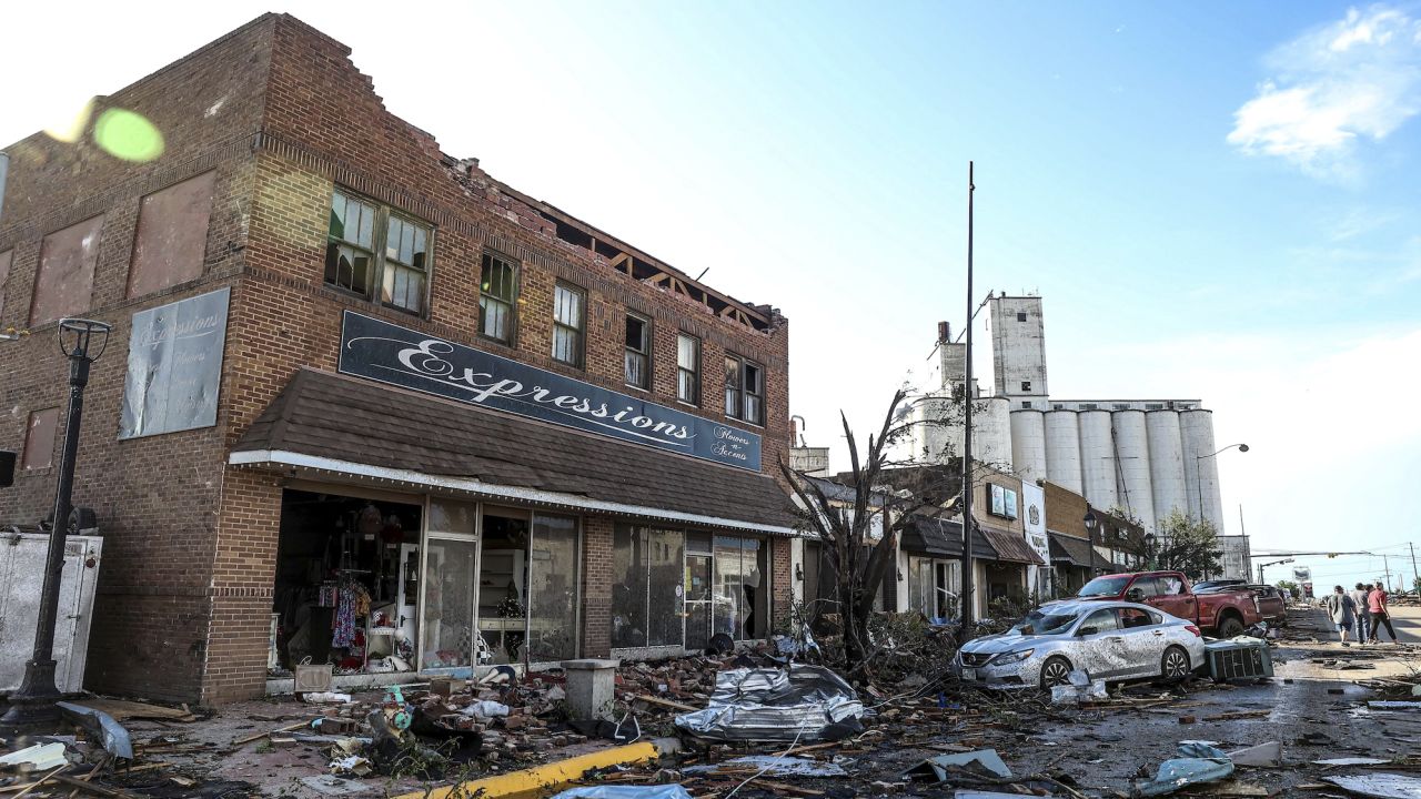 Buildings and vehicles show damage after a tornado struck Perryton, Texas, Thursday.