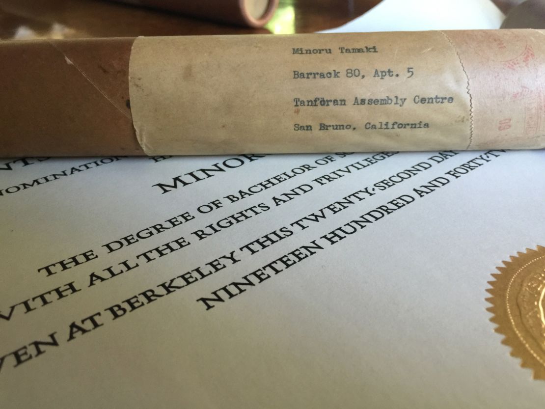 The University of California, Berkeley, sent Don Tamaki's father's degree to the Northern California racetrack where he was being held, writing "Apt. 5" on the mailing tube. It was actually a horse stall.