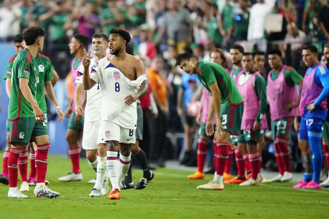 LAS VEGAS, NEVADA - JUNE 15: Weston Mckennie #8 of USA displays a peace sign to Jorge Sanchez #19 of Mexico following the scuffle during the second half during the 2023 CONCACAF Nations League semifinals at Allegiant Stadium on June 15, 2023 in Las Vegas, Nevada. (Photo by Louis Grasse/Getty Images)