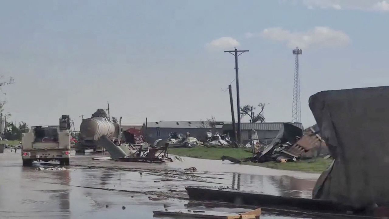 A view of a damaged site in Perryton as the town gets struck by a tornado in Texas on Thursday in this screengrab obtained from a social media video. 