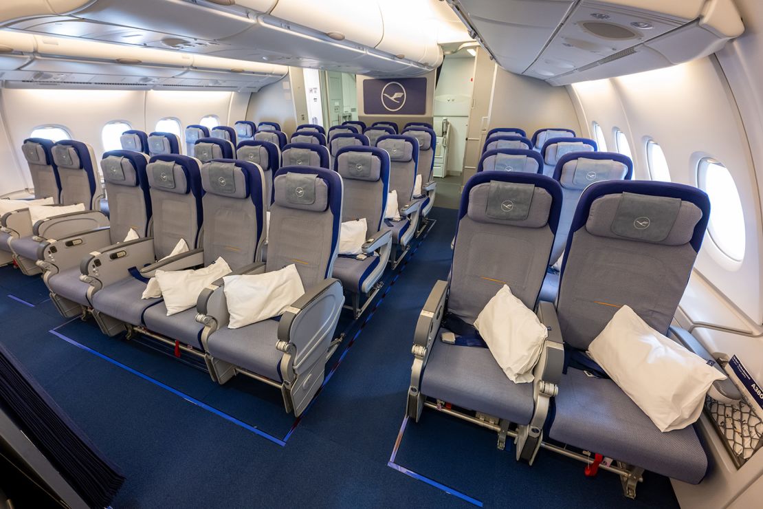 12 April 2023, Bavaria, Munich: View into the economy class of a Lufthansa Airbus A380 aircraft. After a three-year break, the double-decker aircraft is landing again in the Bavarian capital. Photo: Peter Kneffel/dpa (Photo by Peter Kneffel/picture alliance via Getty Images)